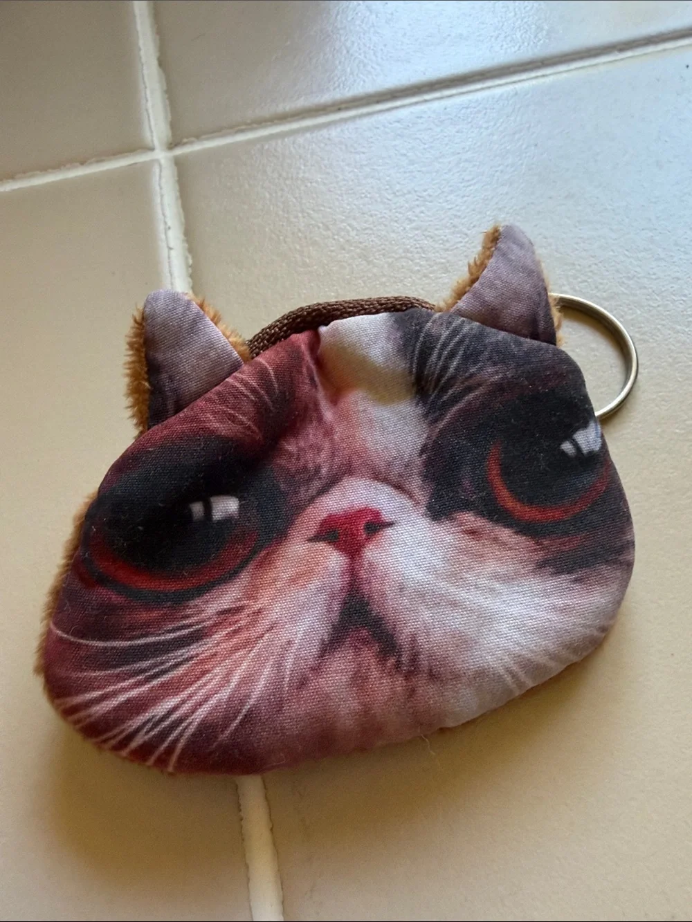 Plush Cat Face Coin Pouch Keyring - Brown/White